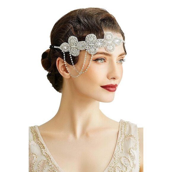 1920s Flapper Headband Silver Crystal Rhinestones Pearl Roaring 20s Gatsby - Picture 1 of 7